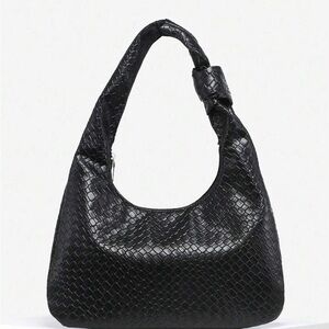 Woven Faux Leather Hobo Bag Black Textured - Trendy Knot Strap Shoulder Purse